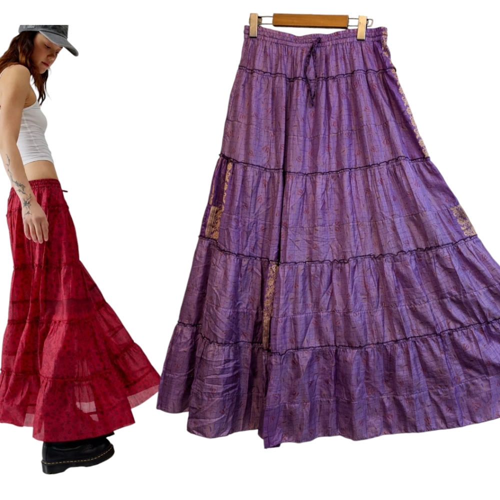Urban Outfitters  NWT pure silk tired maxi skirt lavender gold accents  print…